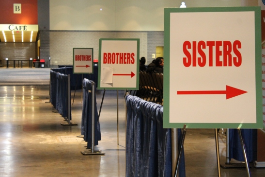 Three of four signs segregating attendees based on gender at ICNA regional convention, Connecticut Convention Center, Hartford, Connecticut. Photo by Janan Zaitoun.